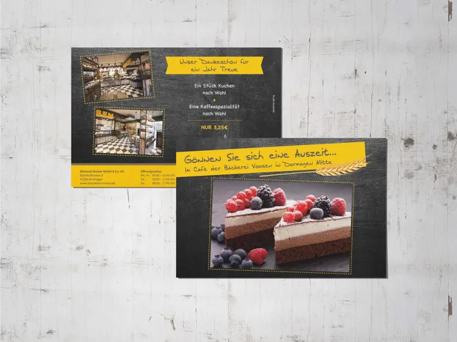 Treue-Flyer mit Gutschein für Kuchen und Kaffee der Bäckerei Voosen